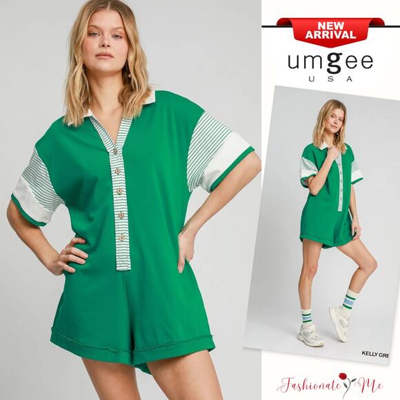 Umgee French Terry Collared Neck Contrast Trim Relaxed Fit Romper | Kelly Green - Picture 1 of 6